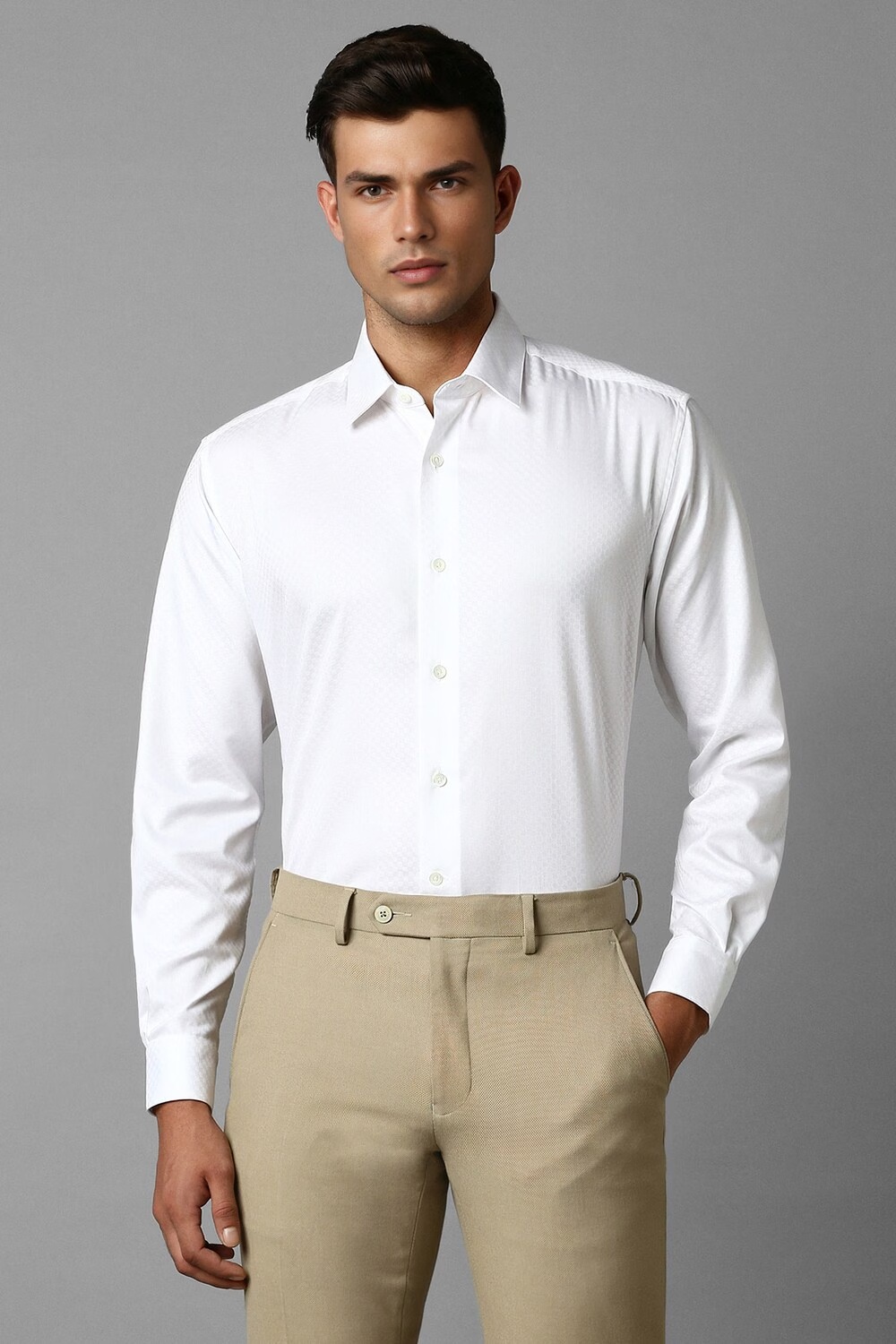 Men White Slim Fit Textured Full Sleeves Formal Shirt-White