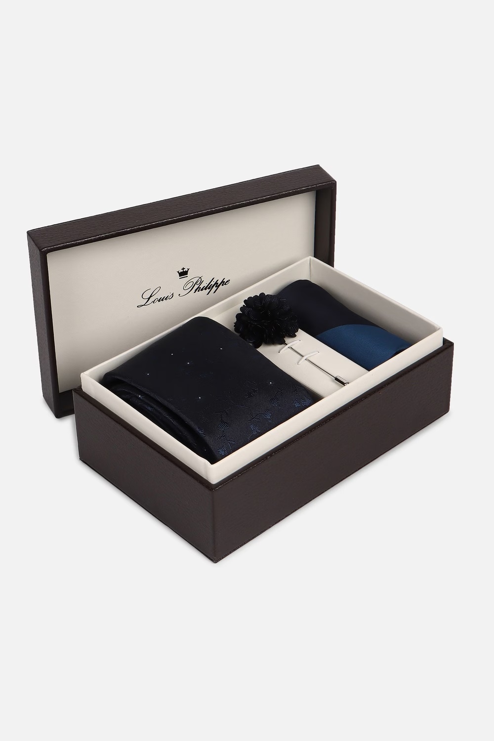 Men Navy Print Tie Pocket Square And Lapel Pin-Navy