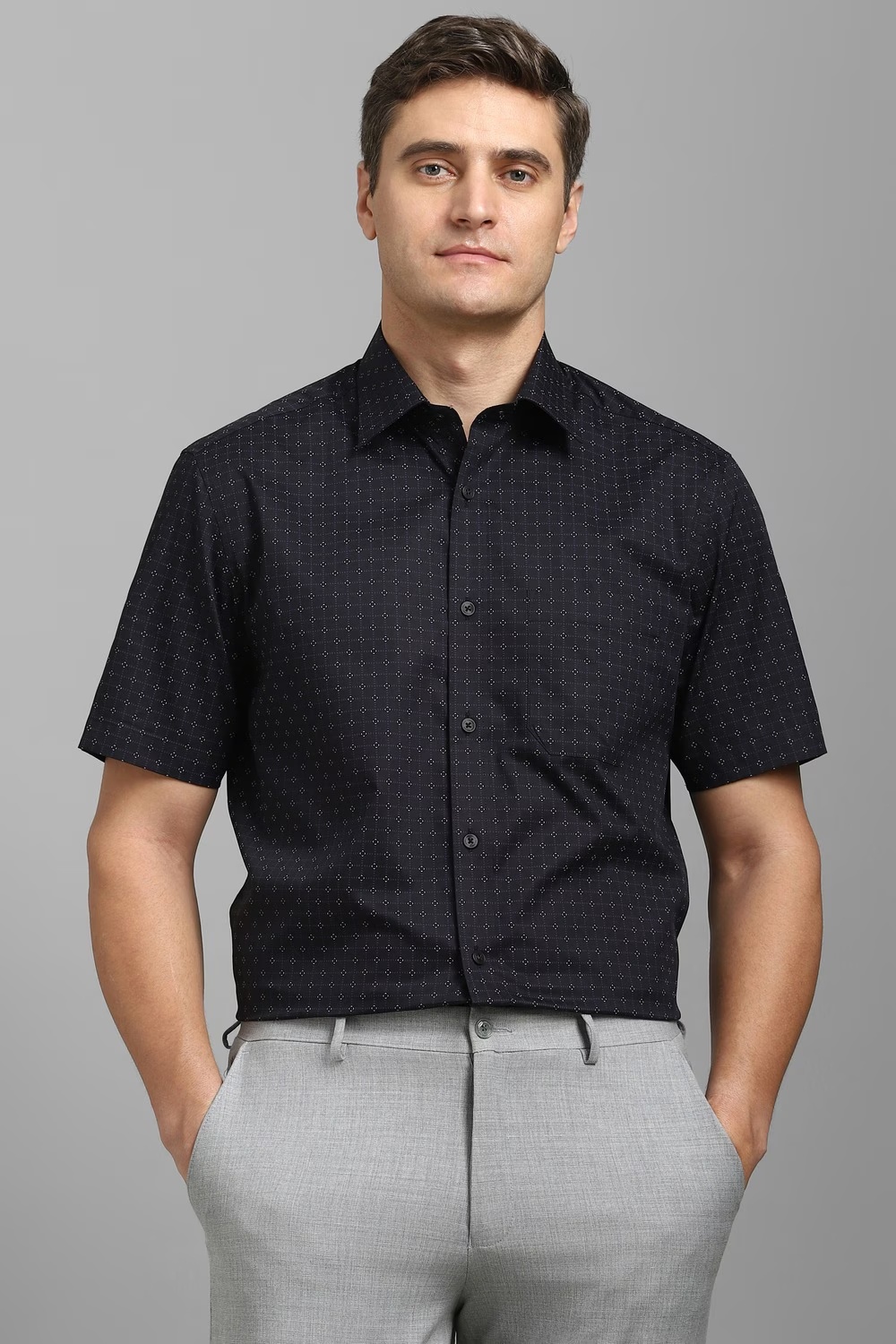 Men Navy Print Half Sleeves Formal Shirt-Navy