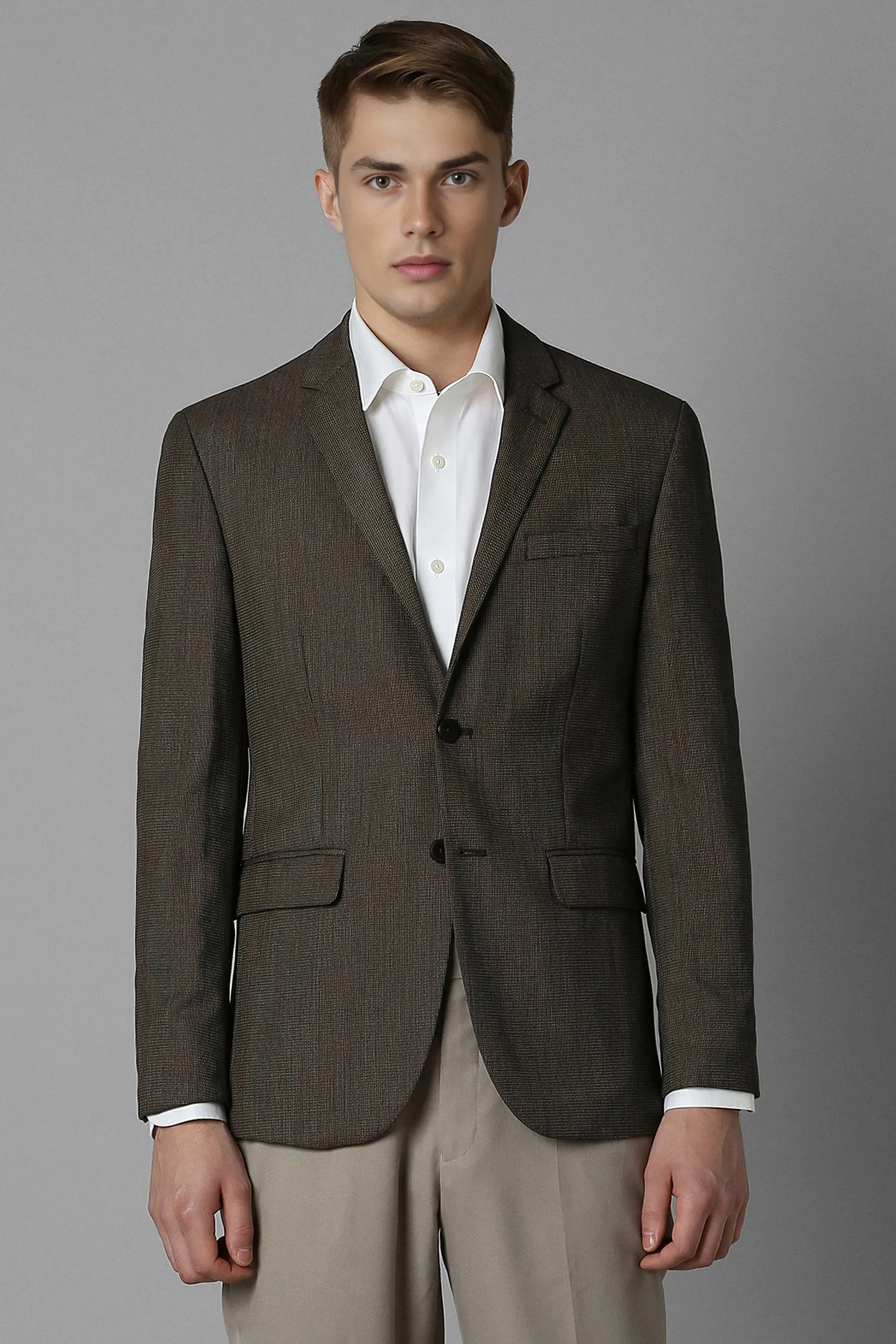 Men Brown Slim Fit Print Formal Blazer-Brown