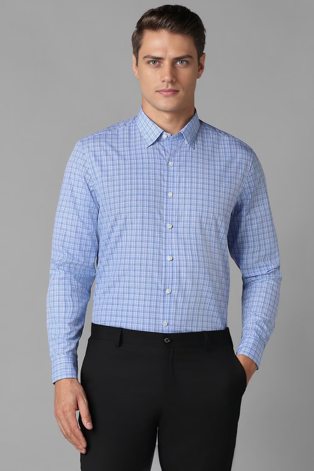 Men Blue Classic Fit Check Full Sleeves Formal Shirt-Blue