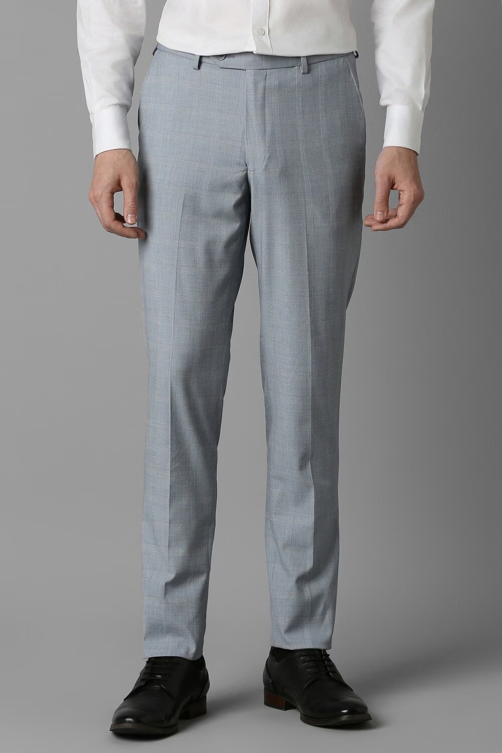 Men Grey Slim Fit Check Flat Front Formal Trousers-Grey