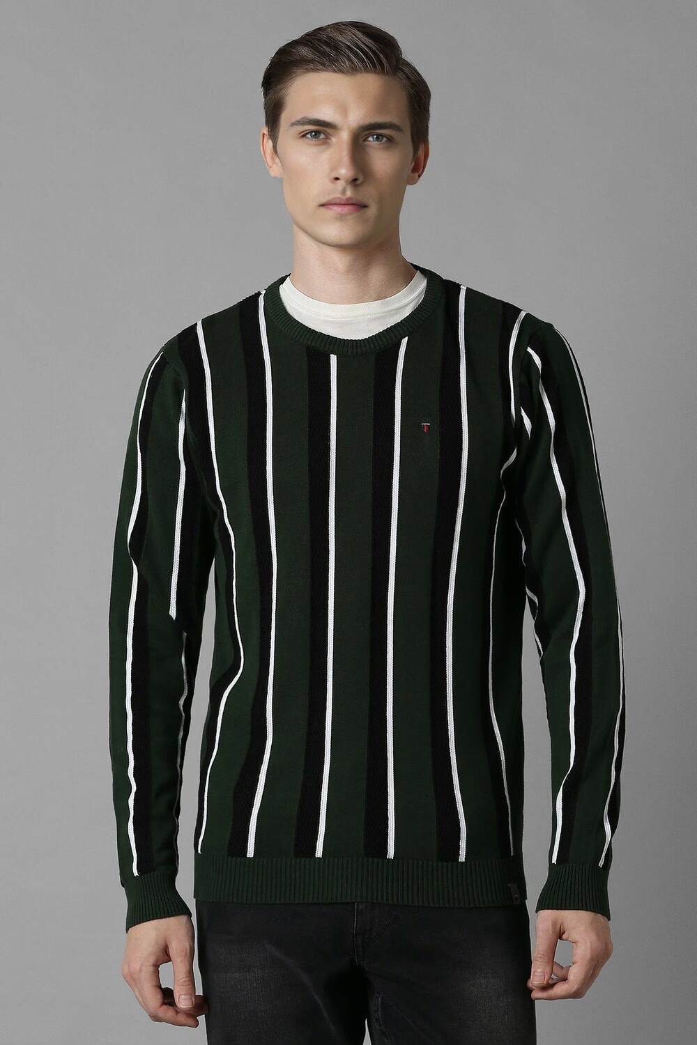 Men Olive Stripe Crew Neck Full Sleeves Sweater-Olive
