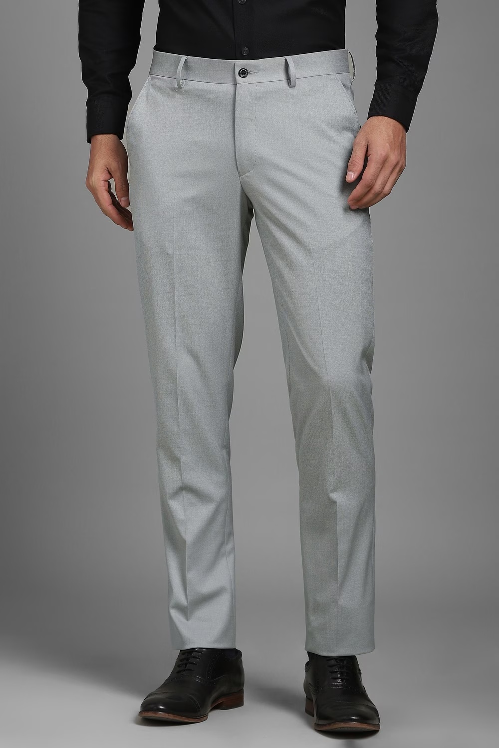 Men Grey Textured Flat Front Formal Trousers-Grey