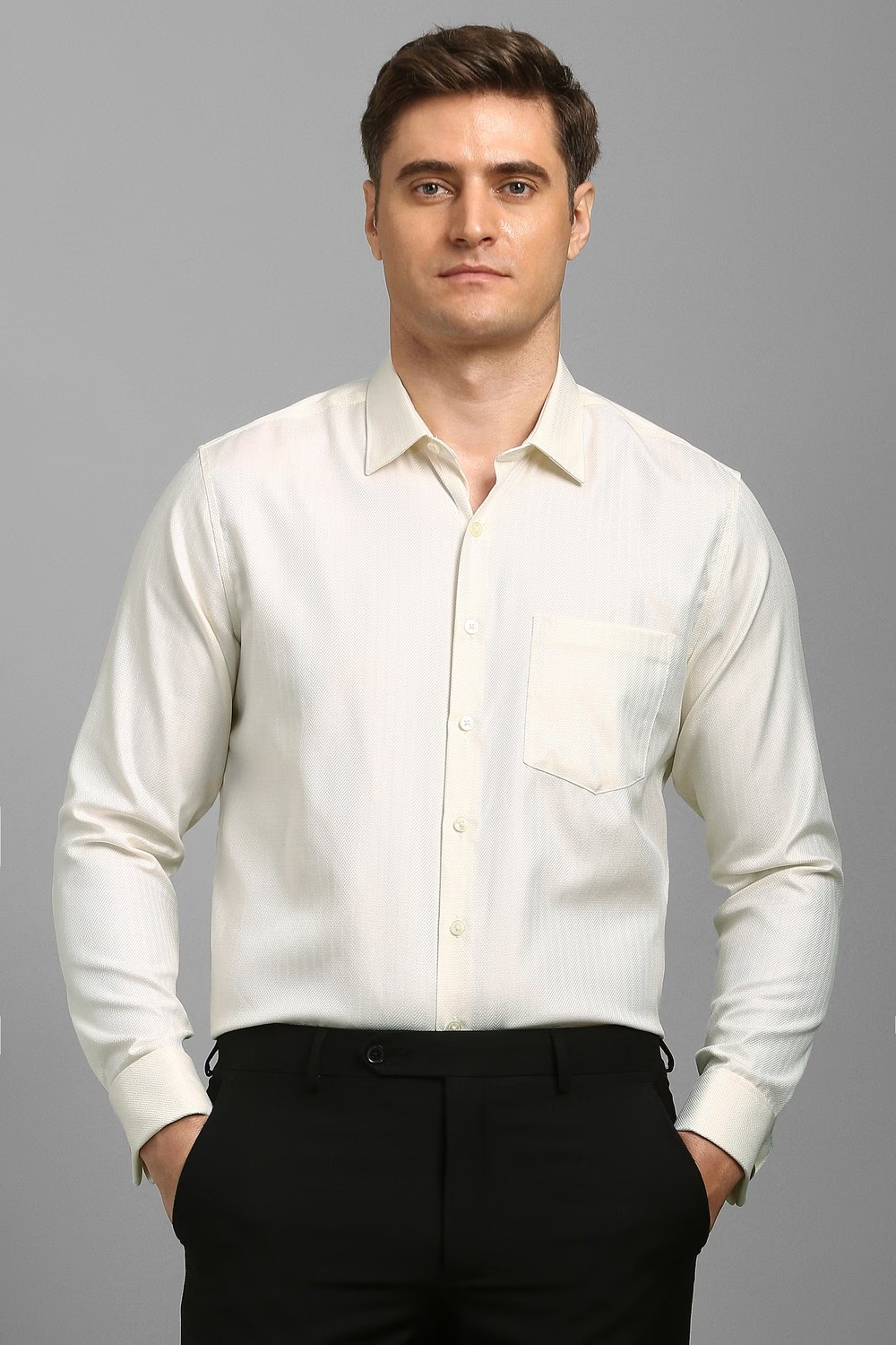 Men Beige Textured Full Sleeves Formal Shirt-Beige