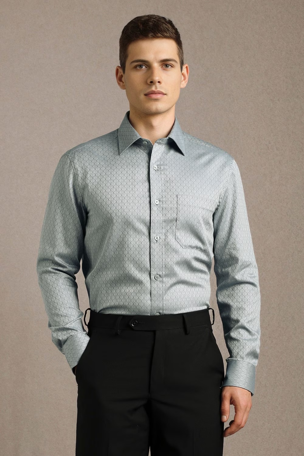 Men Grey Print Full Sleeves Formal Shirt-Grey