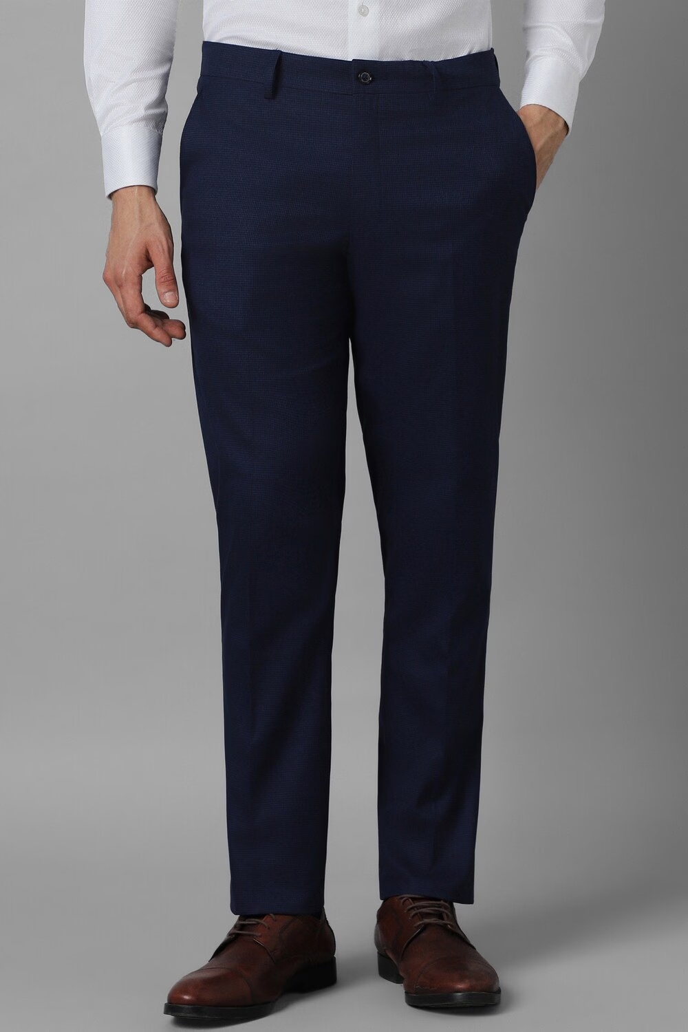 Men Navy Slim Fit Check Flat Front Formal Trousers-Navy