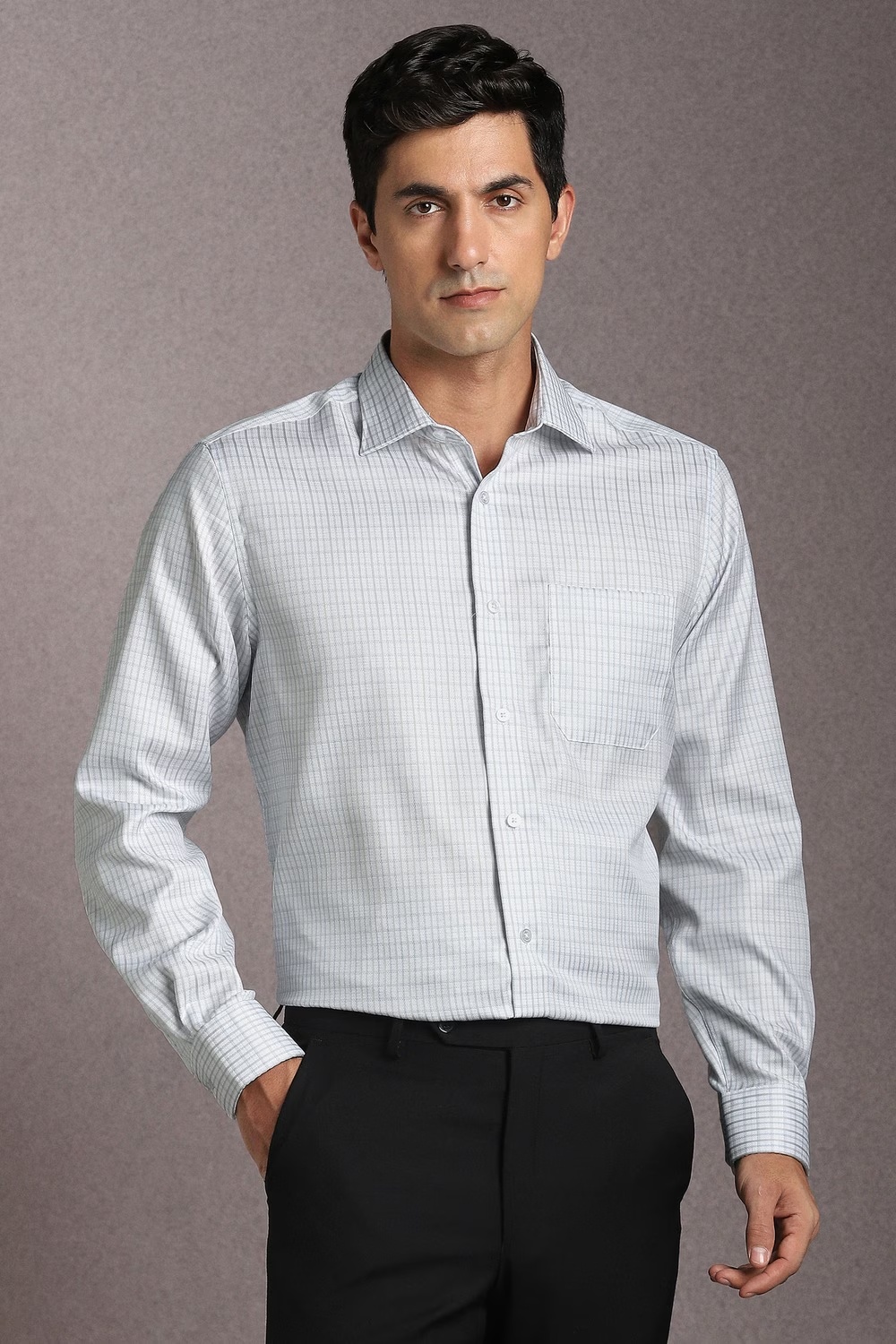 Men Grey Check Full Sleeves Formal Shirt-Grey