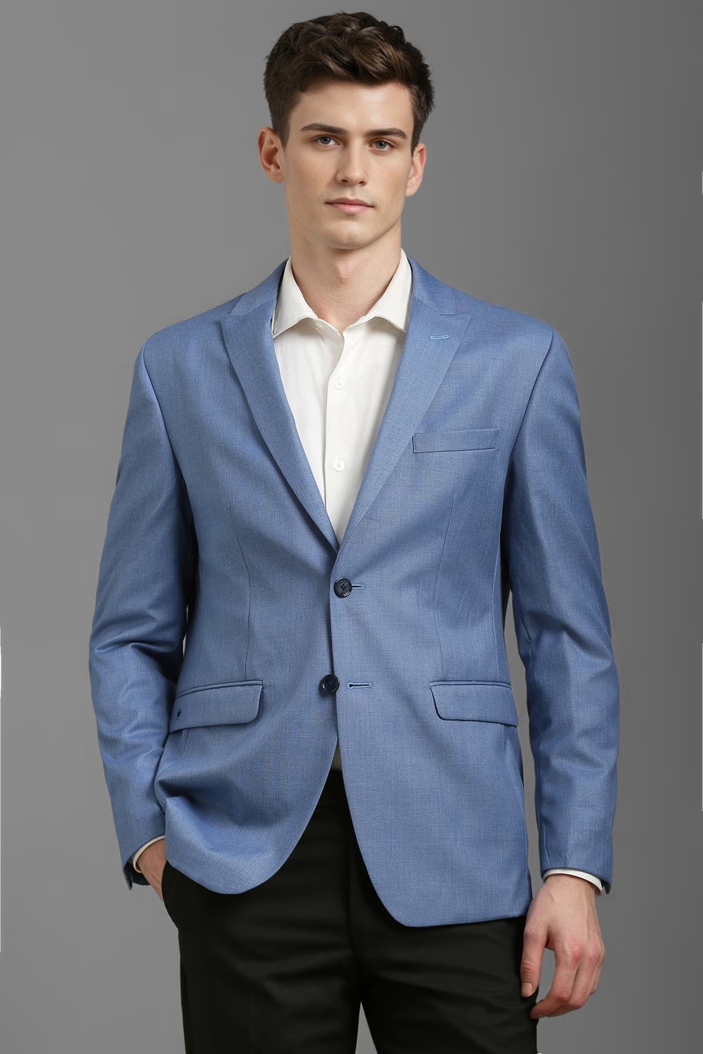 Men Blue Slim Fit Textured Formal Blazer-Blue