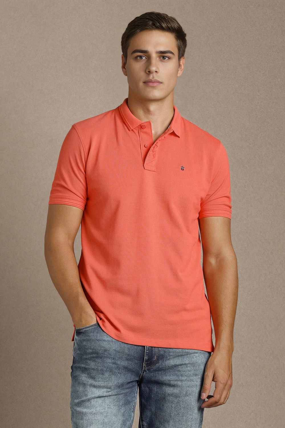 Men Peach Solid Polo Neck T-shirt-Peach
