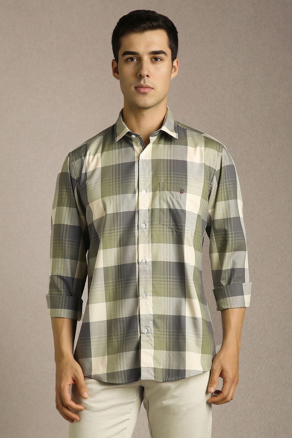 Men Olive Check Full Sleeves Casual Shirt-Olive