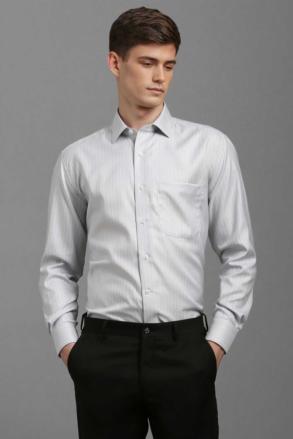 Men Grey Classic Fit Stripe Full Sleeves Formal Shirt-Grey