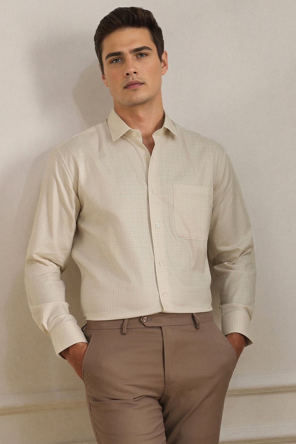 Men Cream Classic Fit Check Full Sleeves Formal Shirt-Cream