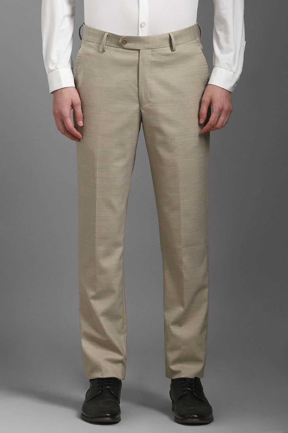 Men Khaki Slim Fit Textured Flat Front Formal Trousers-Khaki