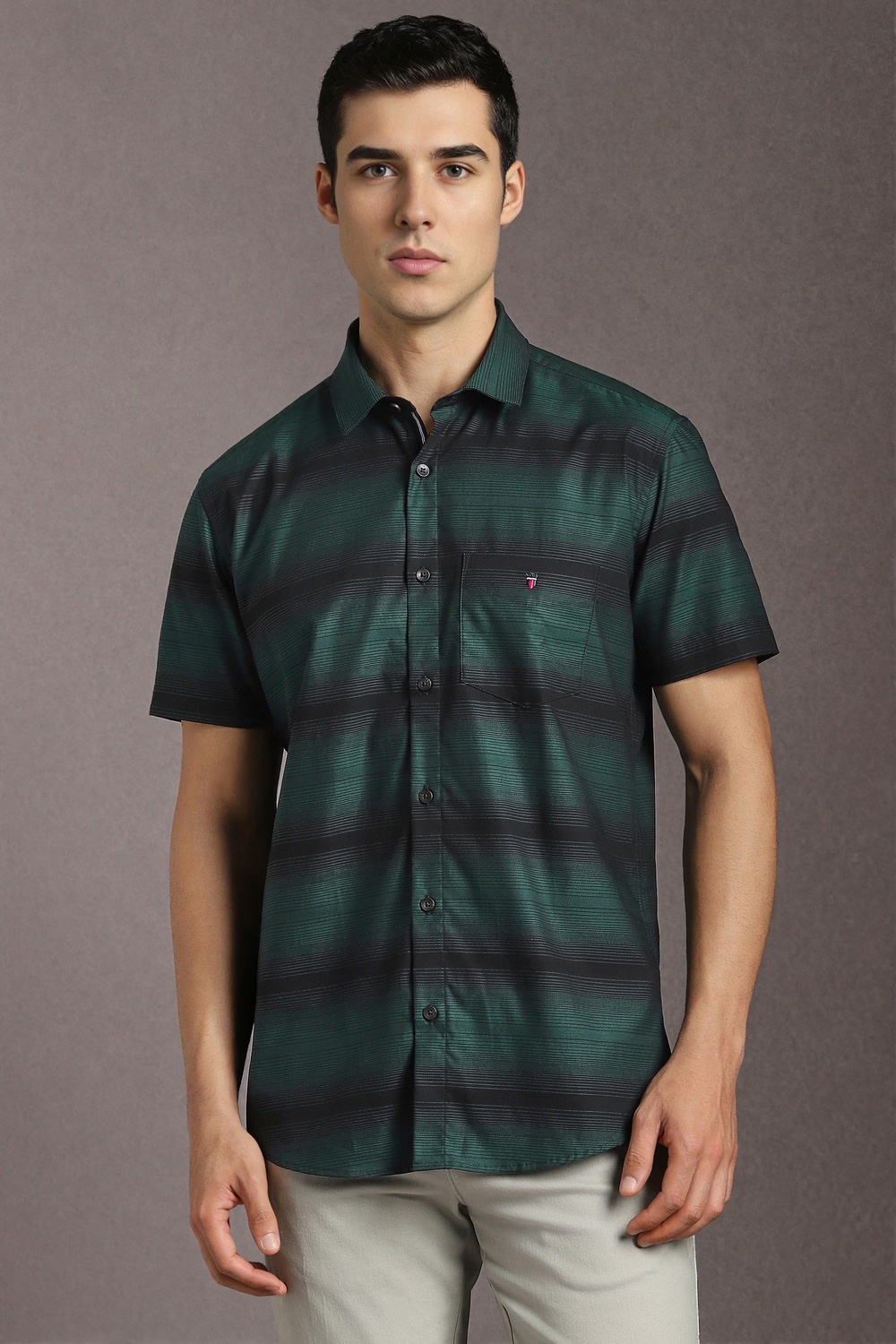 Men Green Stripe Half Sleeves Casual Shirt-Green