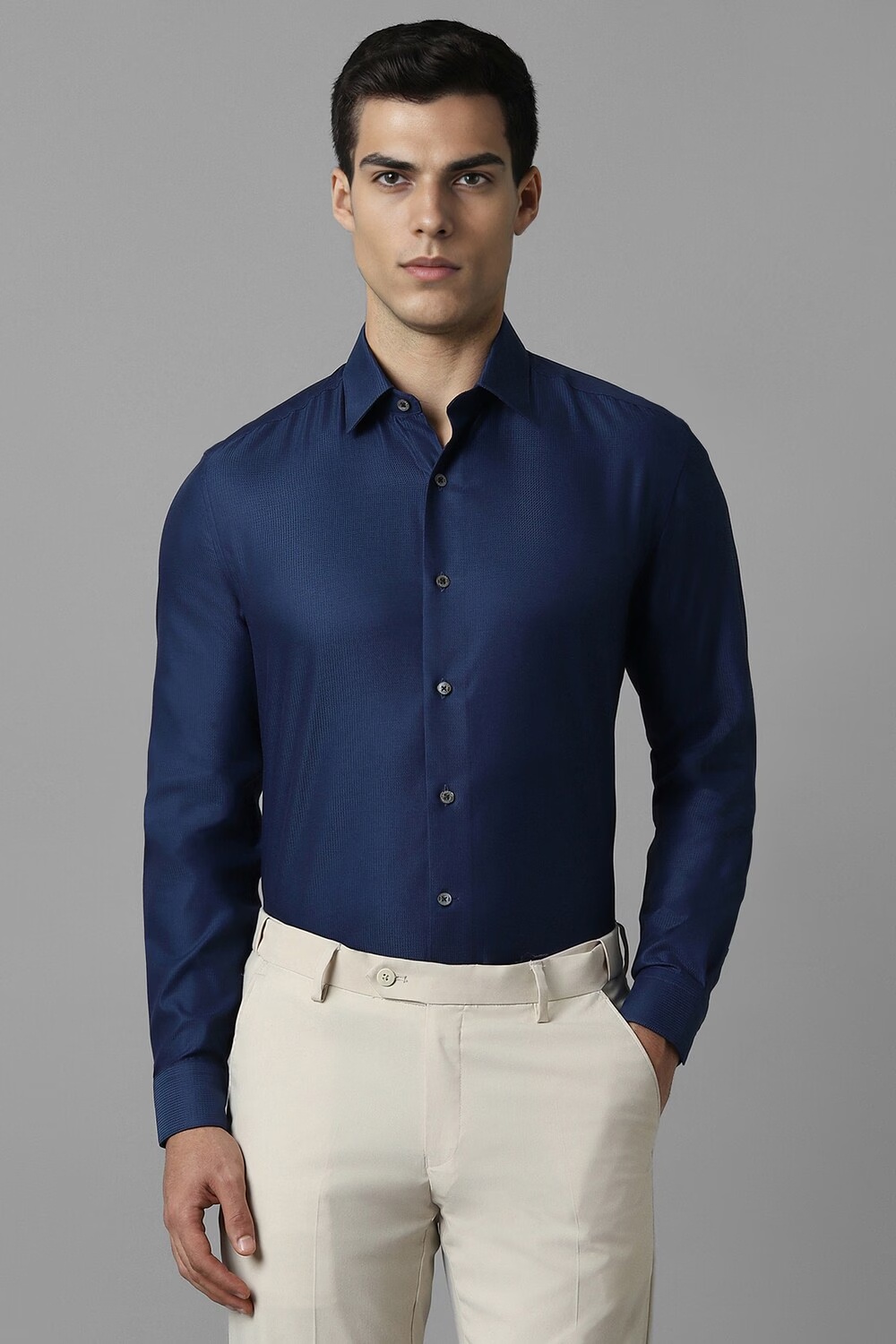 Men Navy Slim Fit Textured Full Sleeves Formal Shirt-Navy