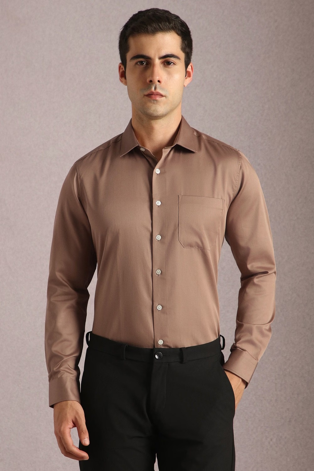 Men Brown Solid Full Sleeves Formal Shirt-Brown