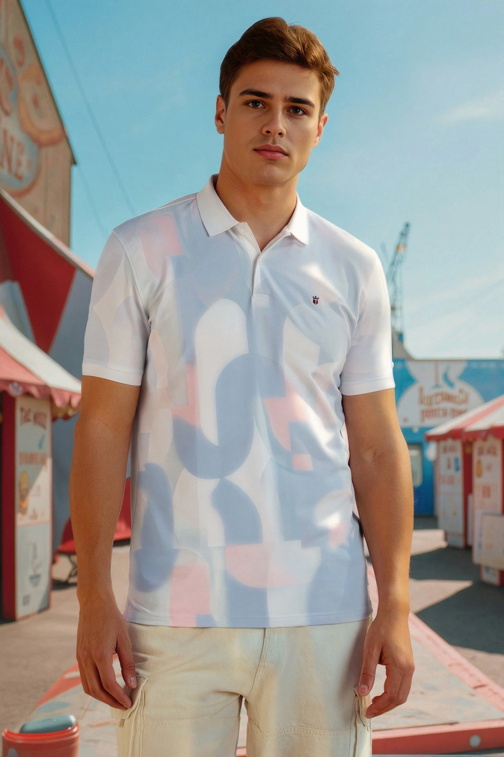Men Light Blue Print Polo Neck T-shirt-Light Blue