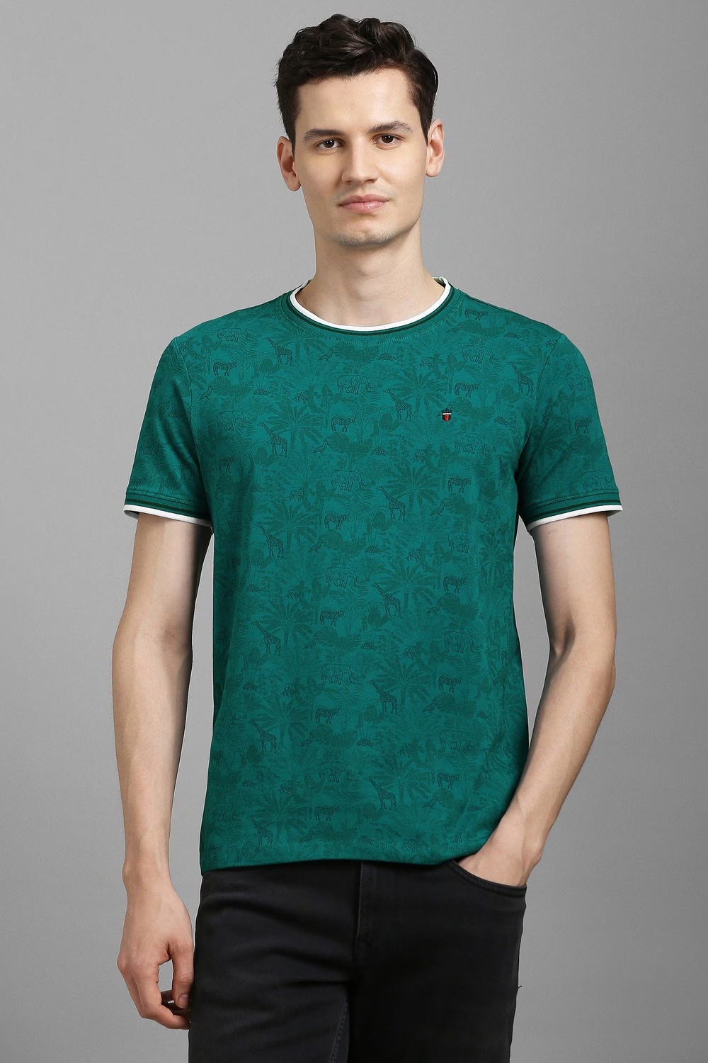Men Green Print Crew Neck T-shirt-Green