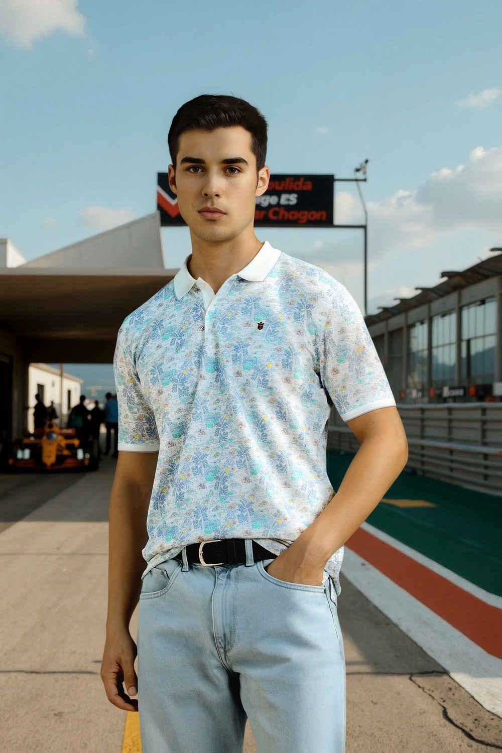 Men White Print Polo Neck T-shirt-White