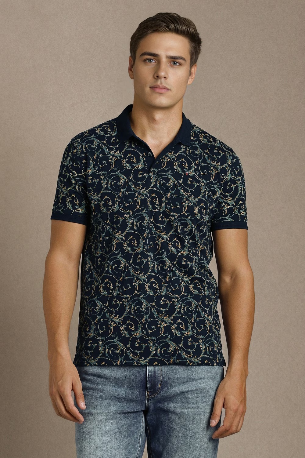 Men Navy Print Polo Neck T-shirt-Navy