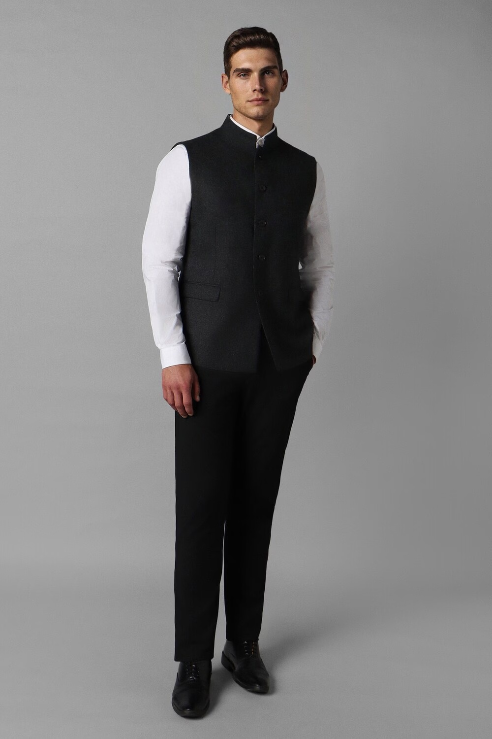 Men Black Textured Slim Fit Party Nehru Jacket-Black