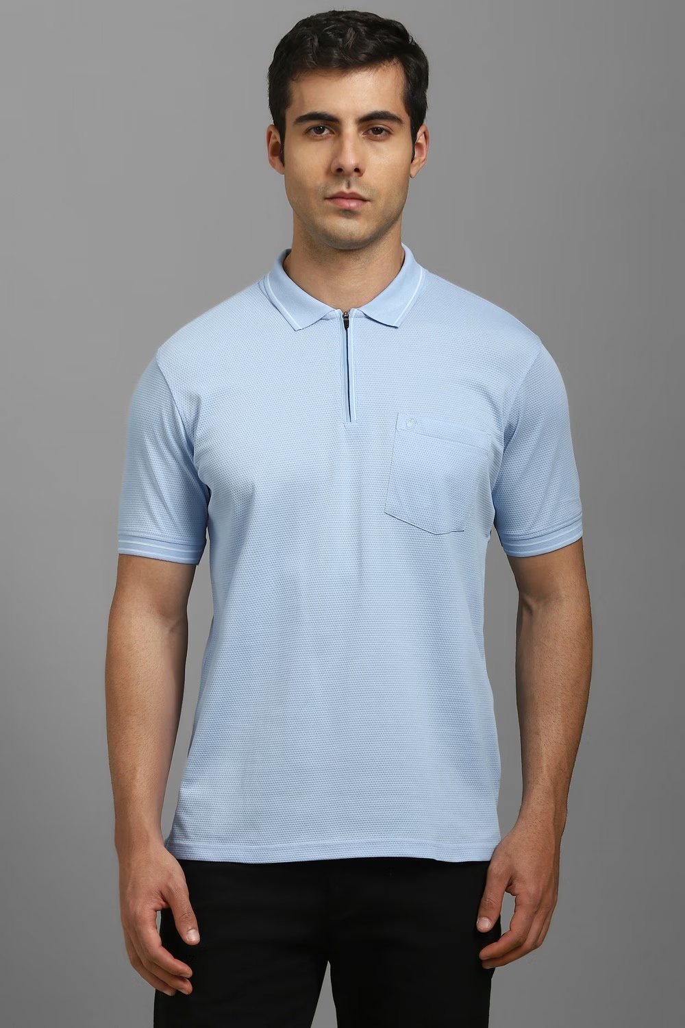 Men Light Blue Textured Polo Neck T-shirt-Light Blue
