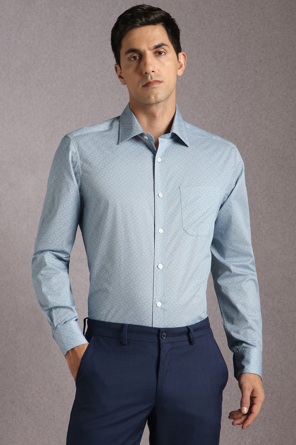 Men Light Blue Print Full Sleeves Formal Shirt-Light Blue