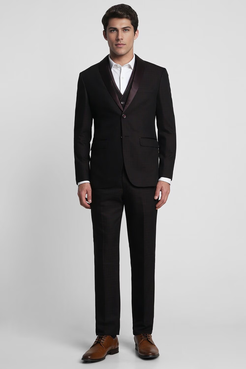 Men Black Slim Fit Solid Formal Three Piece Suit-Black