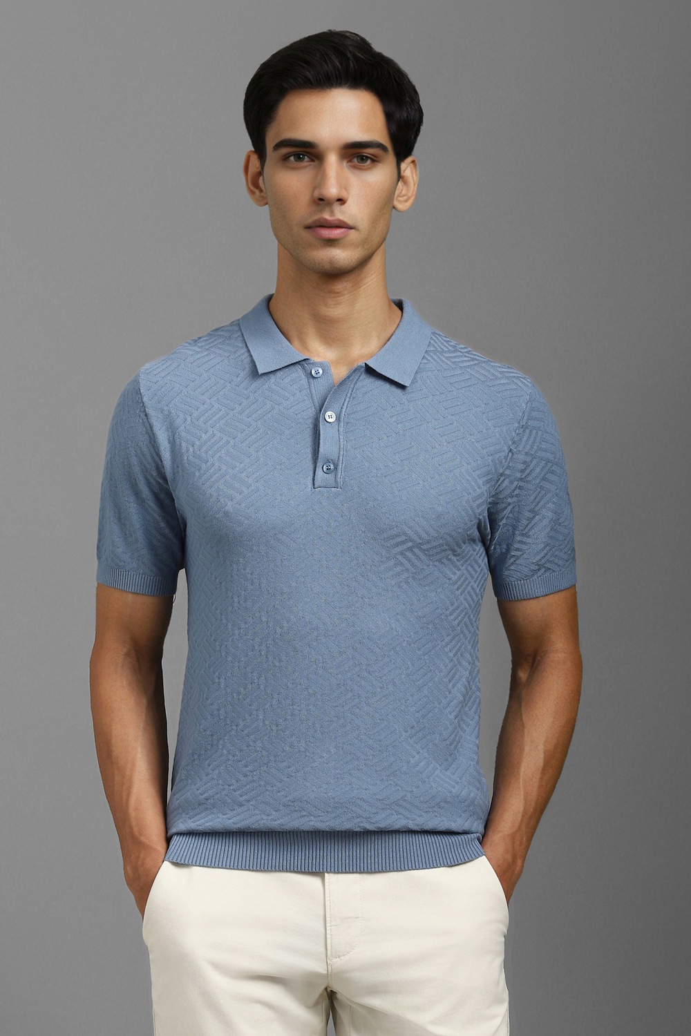 Men Blue Textured Polo Neck T-shirt-Blue