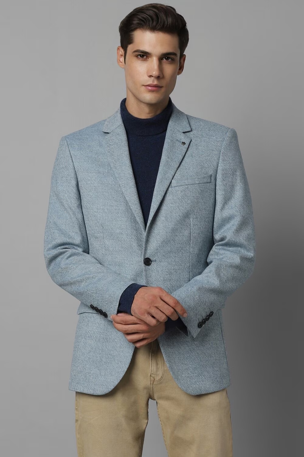 Men Blue Regular Fit Textured Formal Blazer-Blue