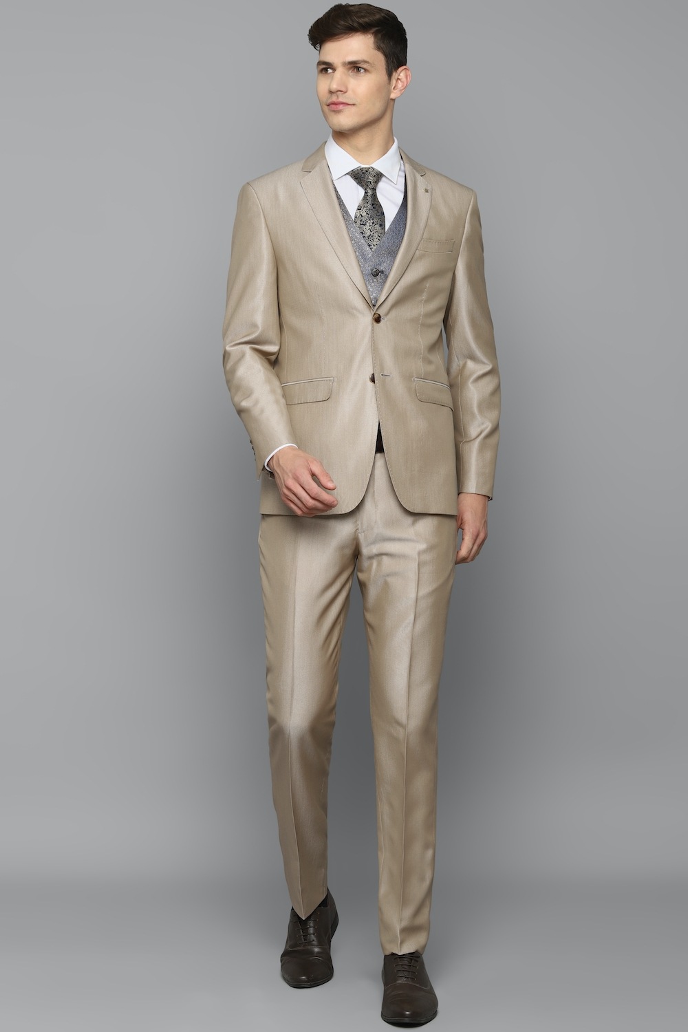 Men Beige Slim Fit Solid Formal Three Piece Suit-Beige