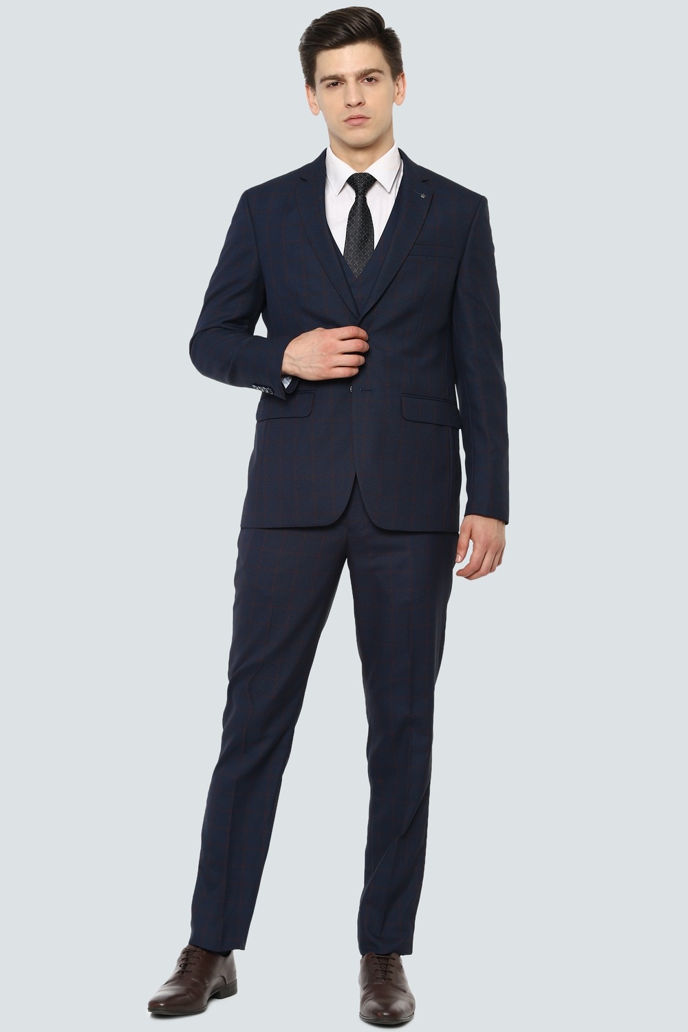 Men Navy Slim Fit Check Formal Three Piece Suit-Navy