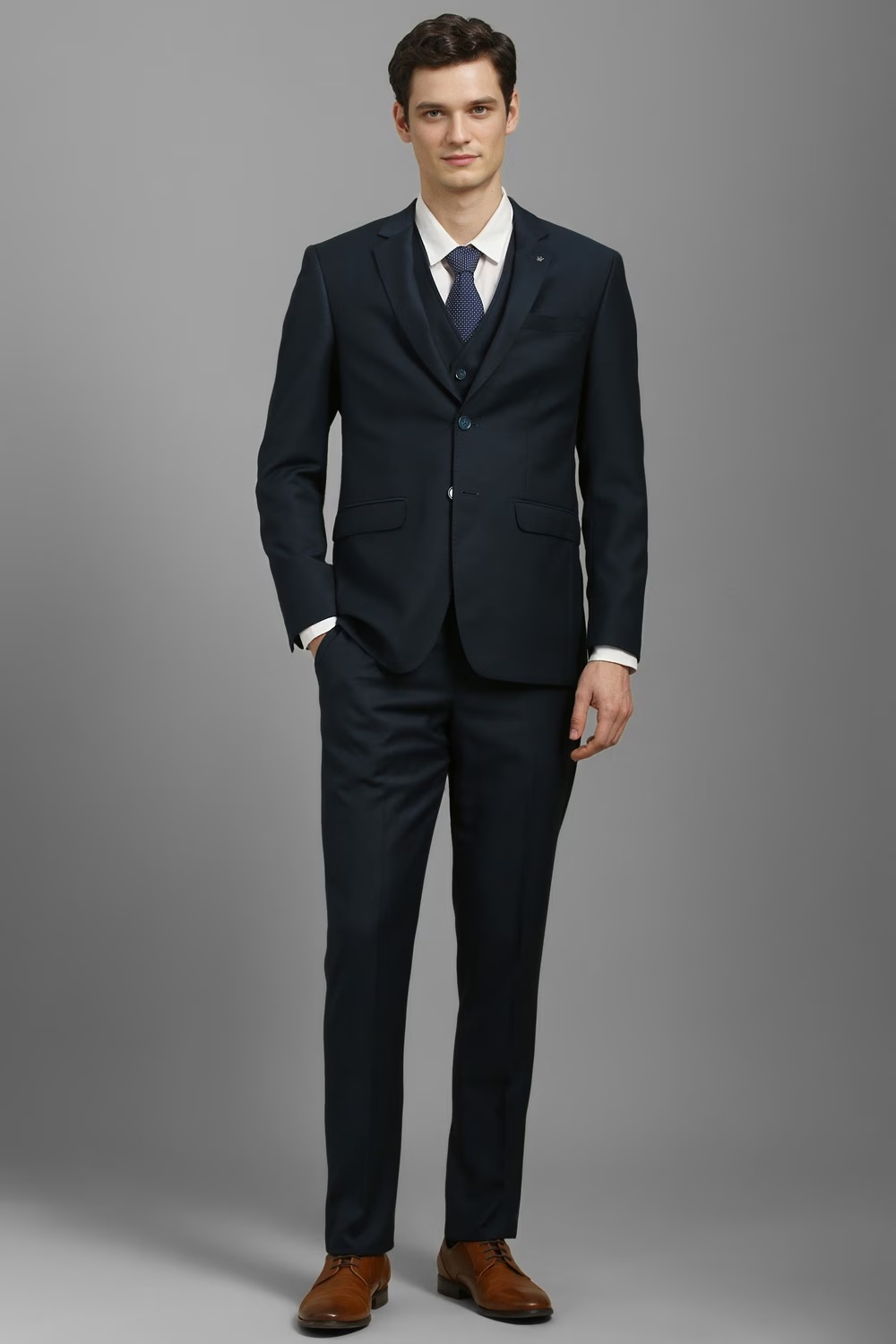 Men Navy Slim Fit Textured Formal Three Piece Suit-Navy