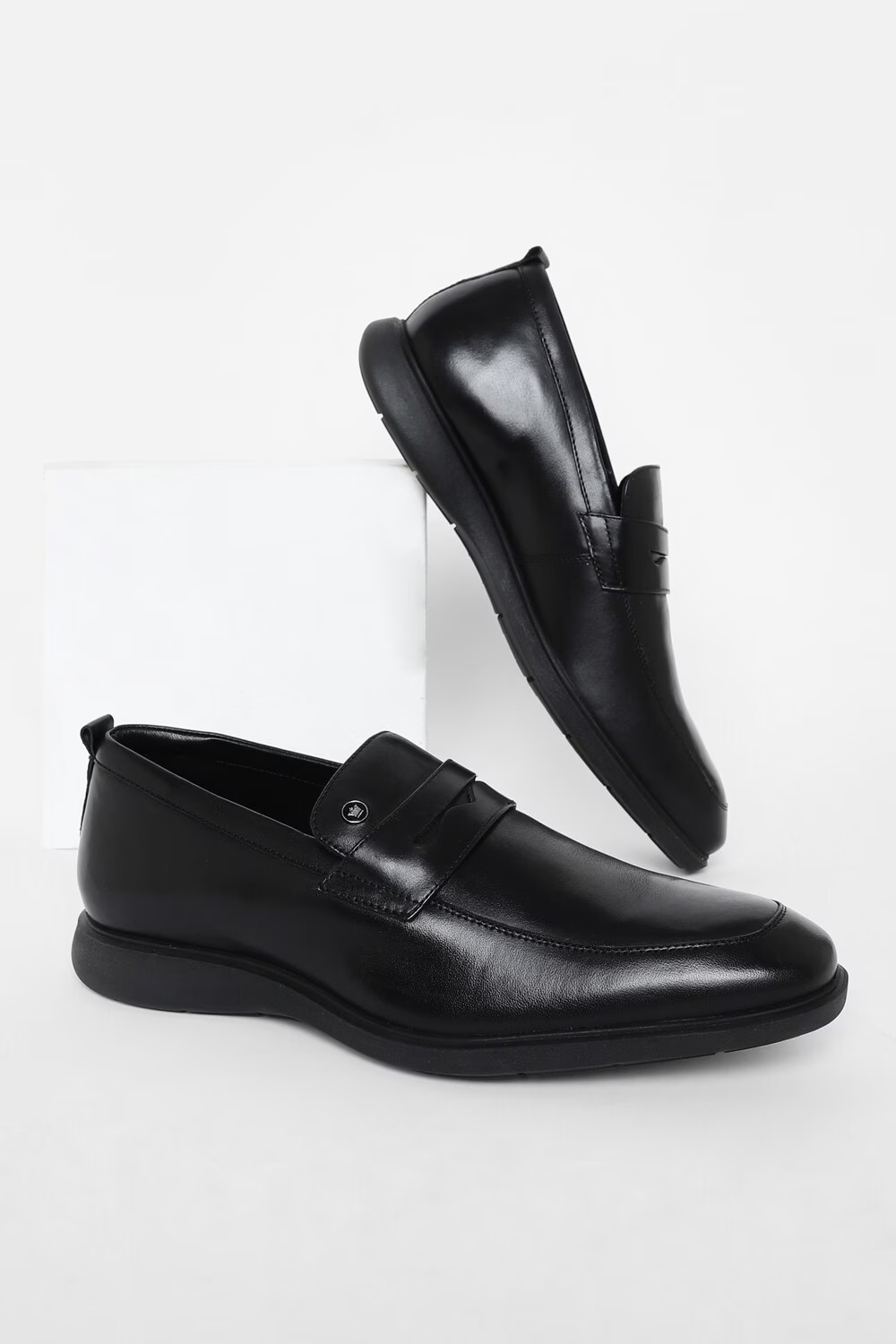 Men Black Leather Slip Ons-Black