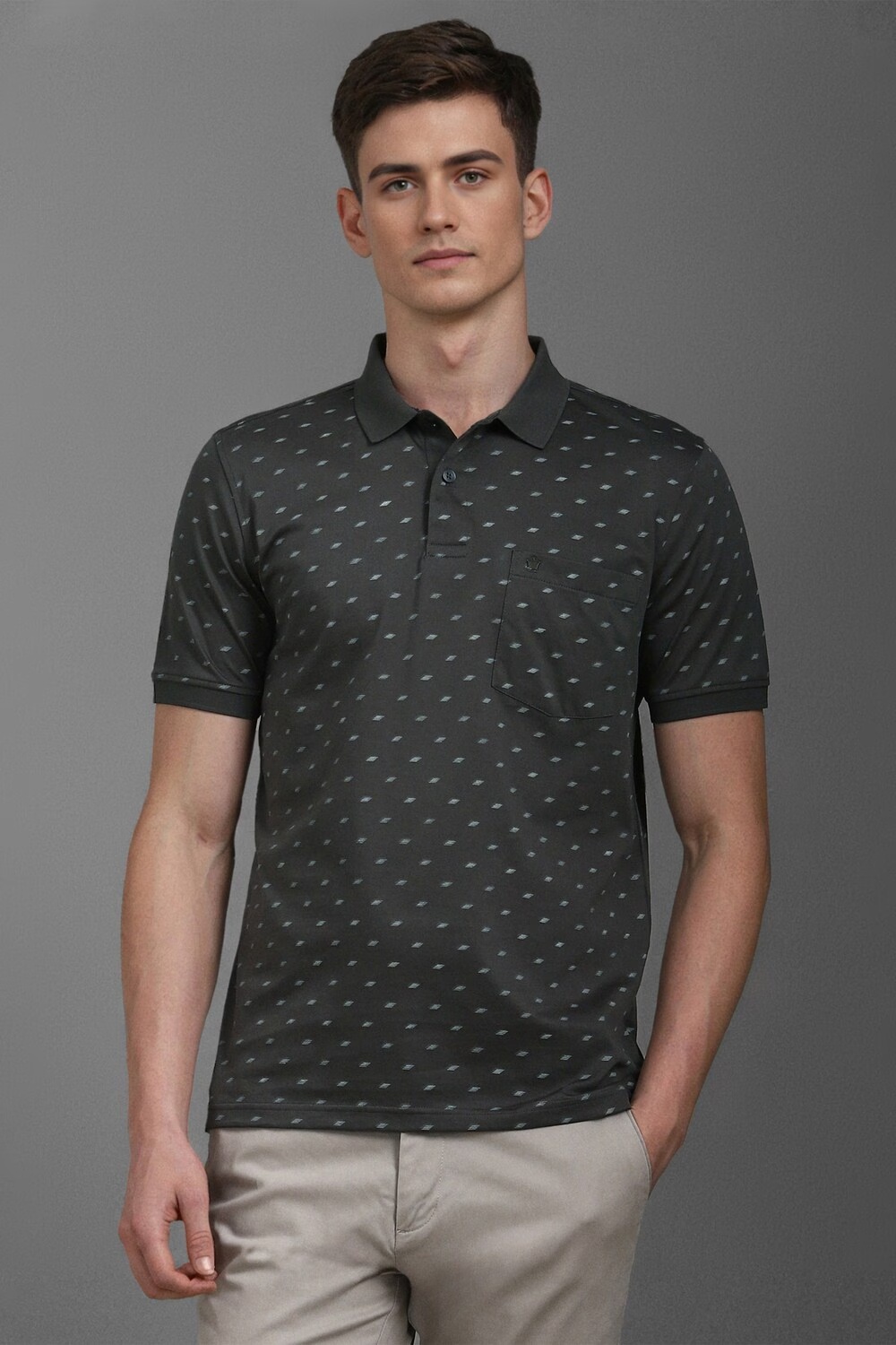 Men Grey Print Polo Neck T-shirt-Grey