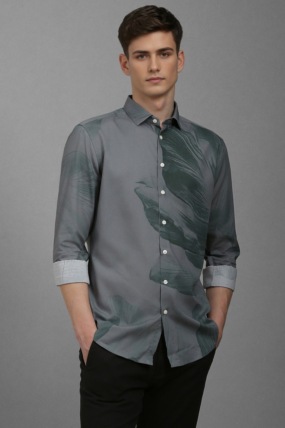 Men Grey Slim Fit Print Full Sleeves Casual Shirt-Grey