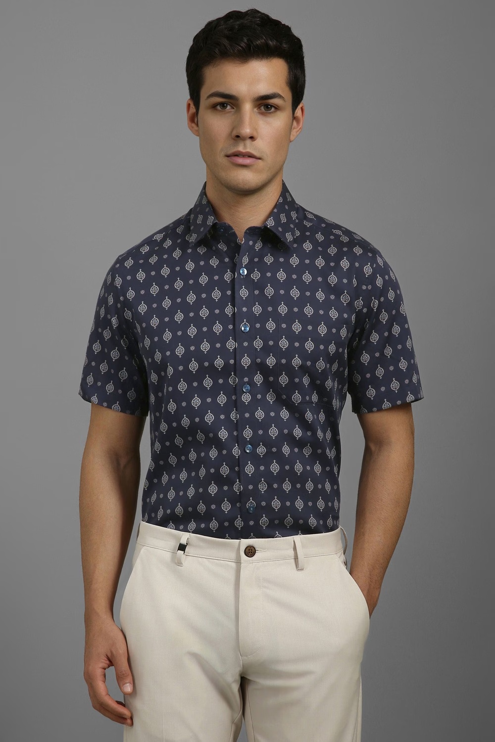 Men Navy Slim Fit Print Half Sleeves Formal Shirt-Navy