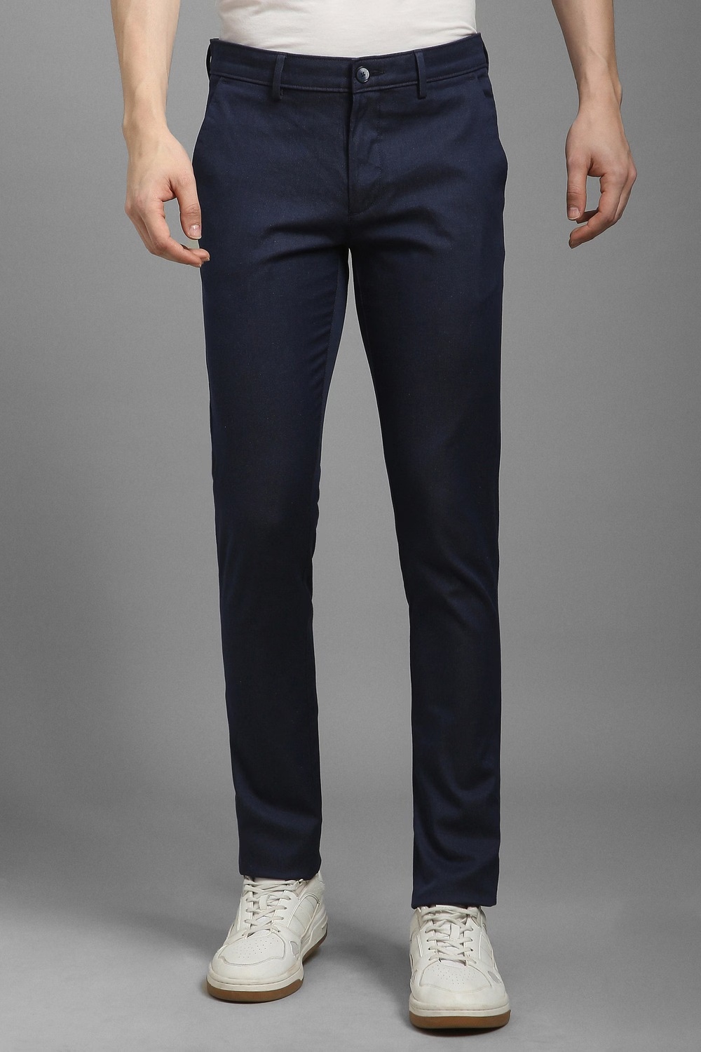 Men Navy Super Slim Fit Solid Flat Front Casual Trousers-Navy