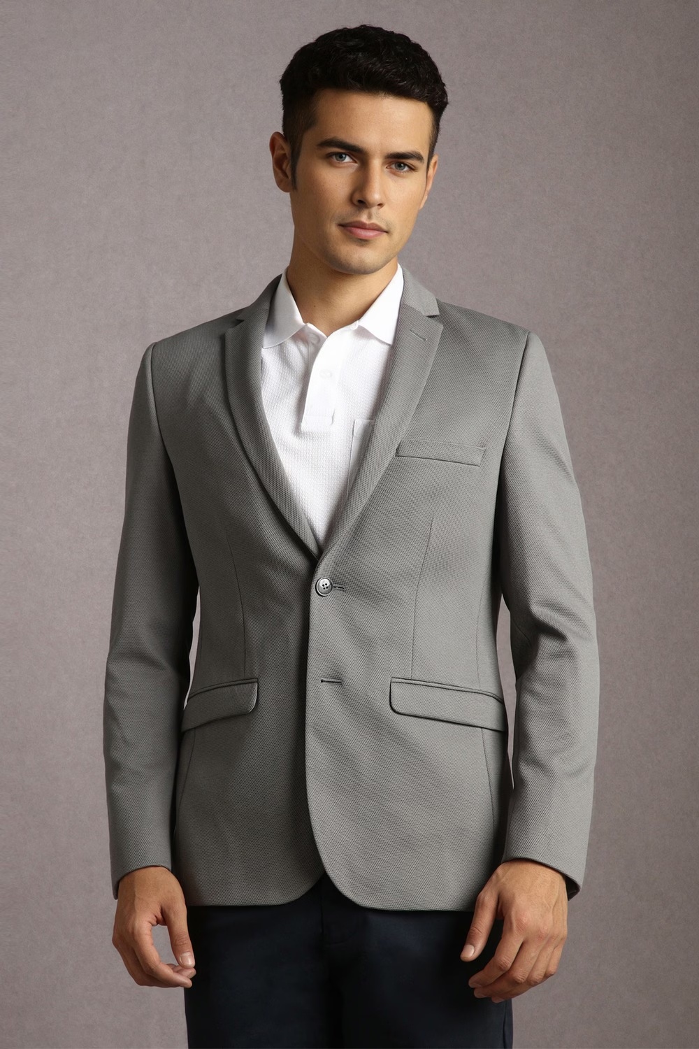 Men Grey Textured Casual Blazer-Grey