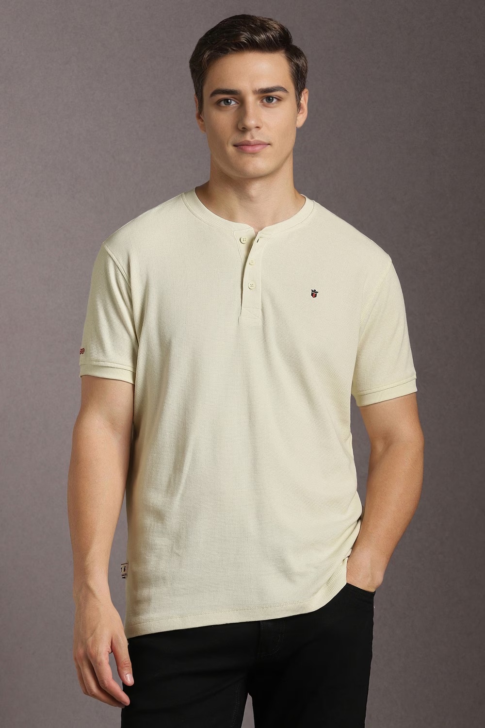 Men Beige Textured Henley Neck T-shirt-Beige