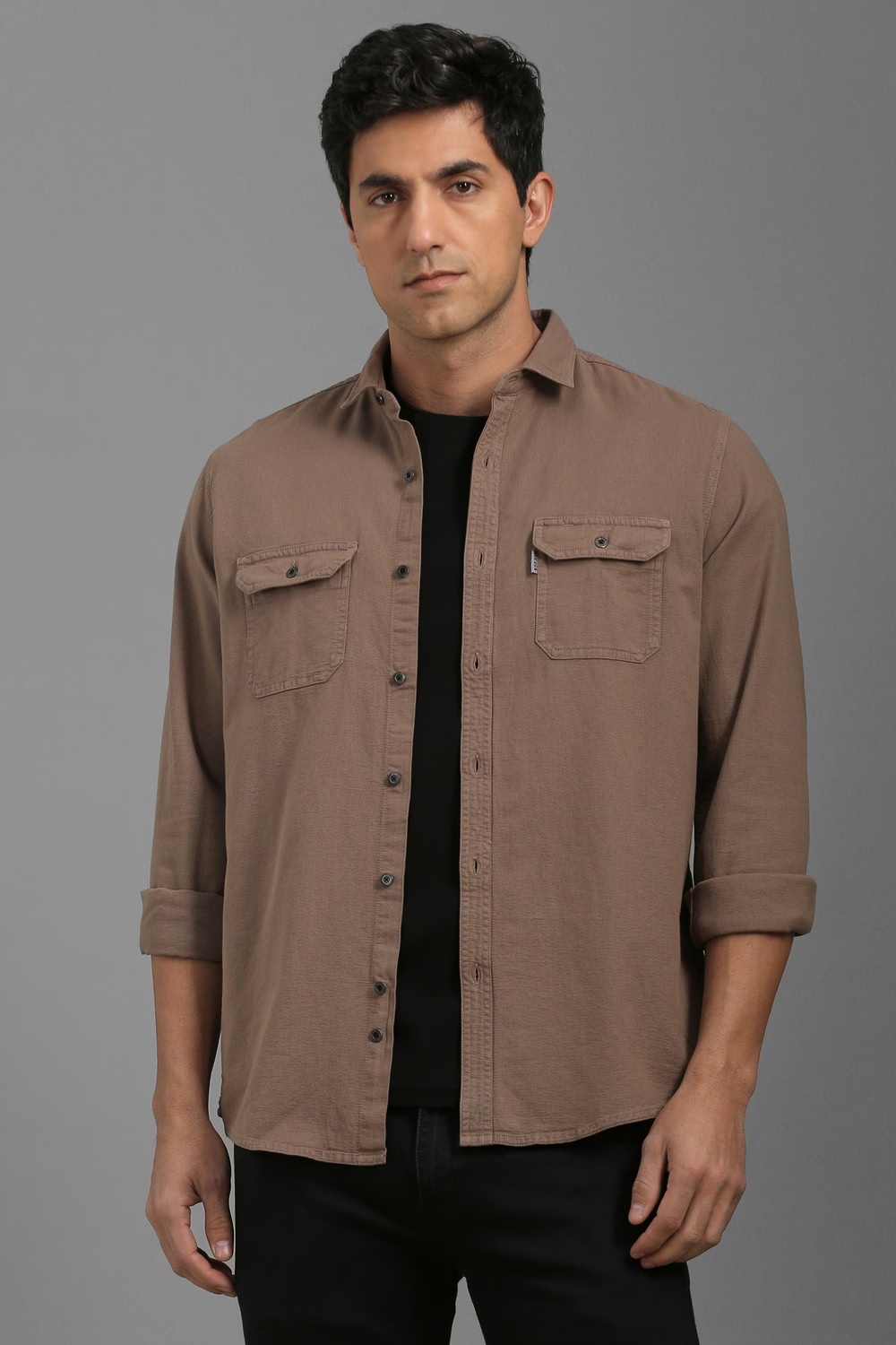 Men Brown Slim Fit Solid Full Sleeves Casual Shirt-Brown
