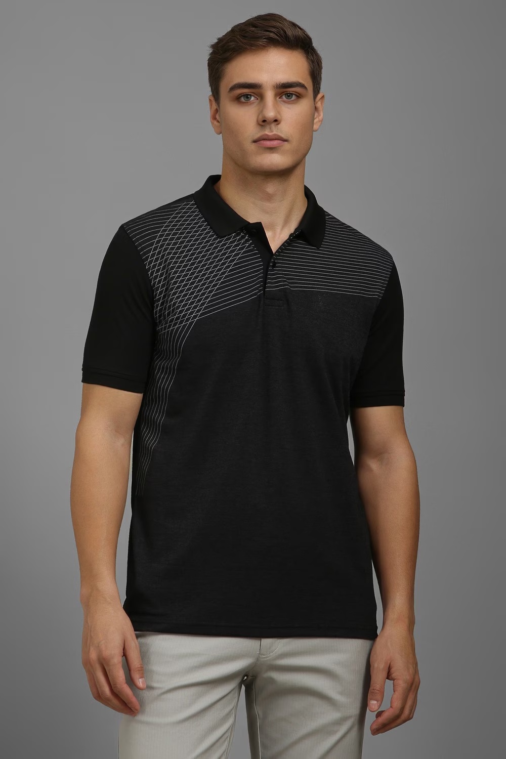 Men Black Print Polo Neck T-shirt-Black