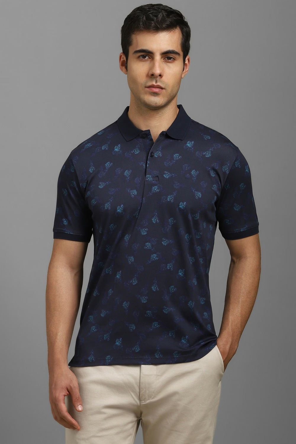 Men Navy Print Polo Neck T-shirt-Navy