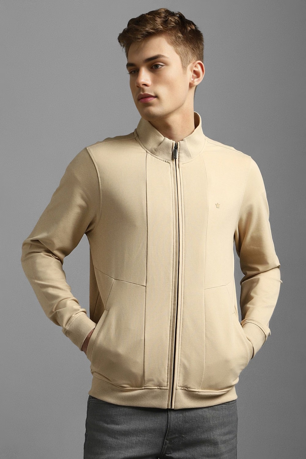 Men Casual Beige Solid Sweatshirt-Beige