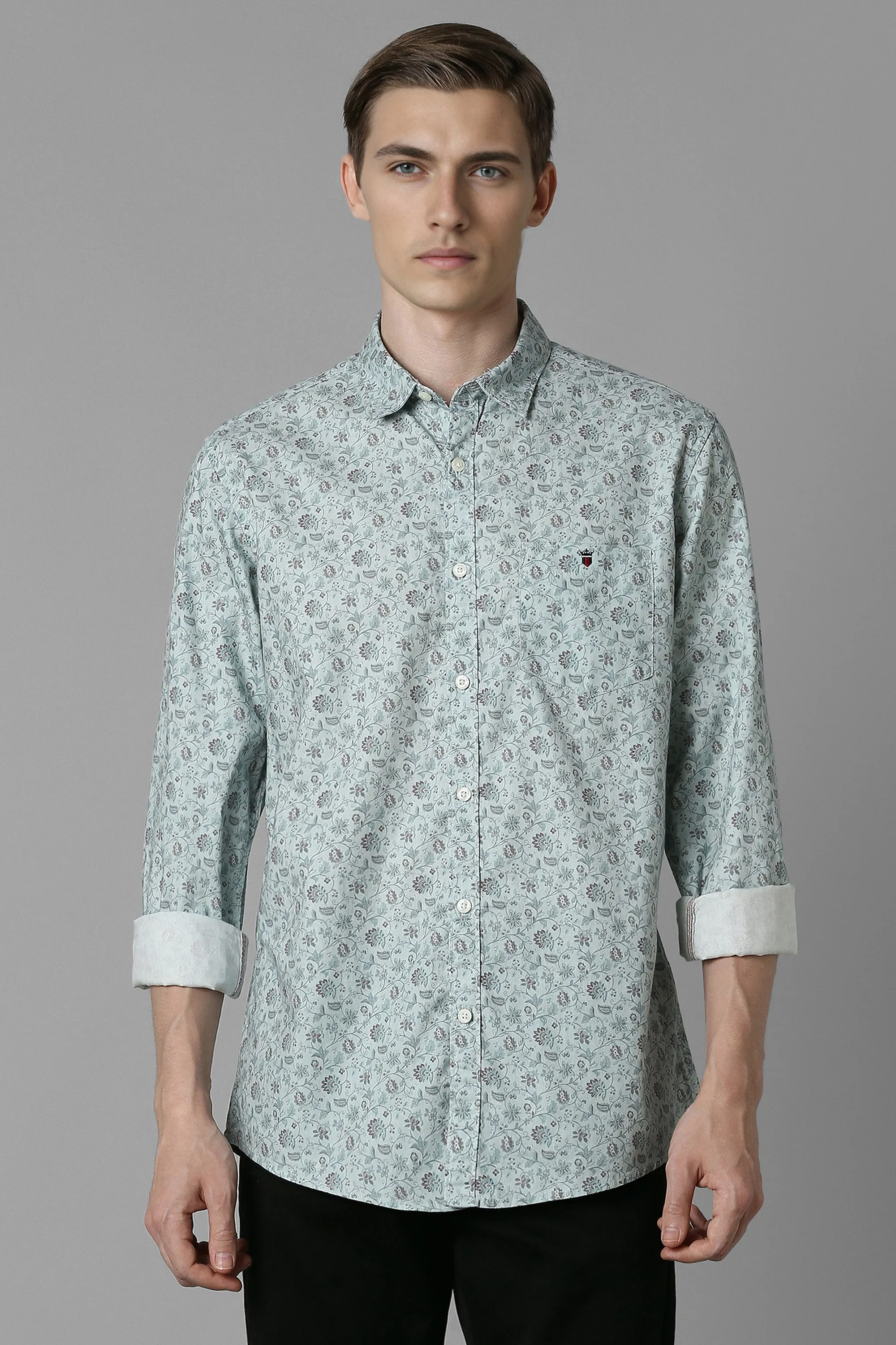 Men Grey Slim Fit Print Full Sleeves Casual Shirt-Grey