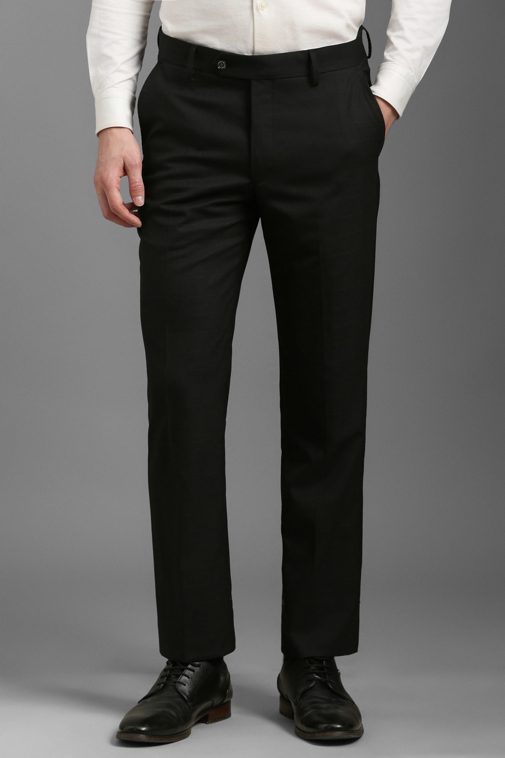 Men Black Slim Fit Check Flat Front Formal Trousers-Black