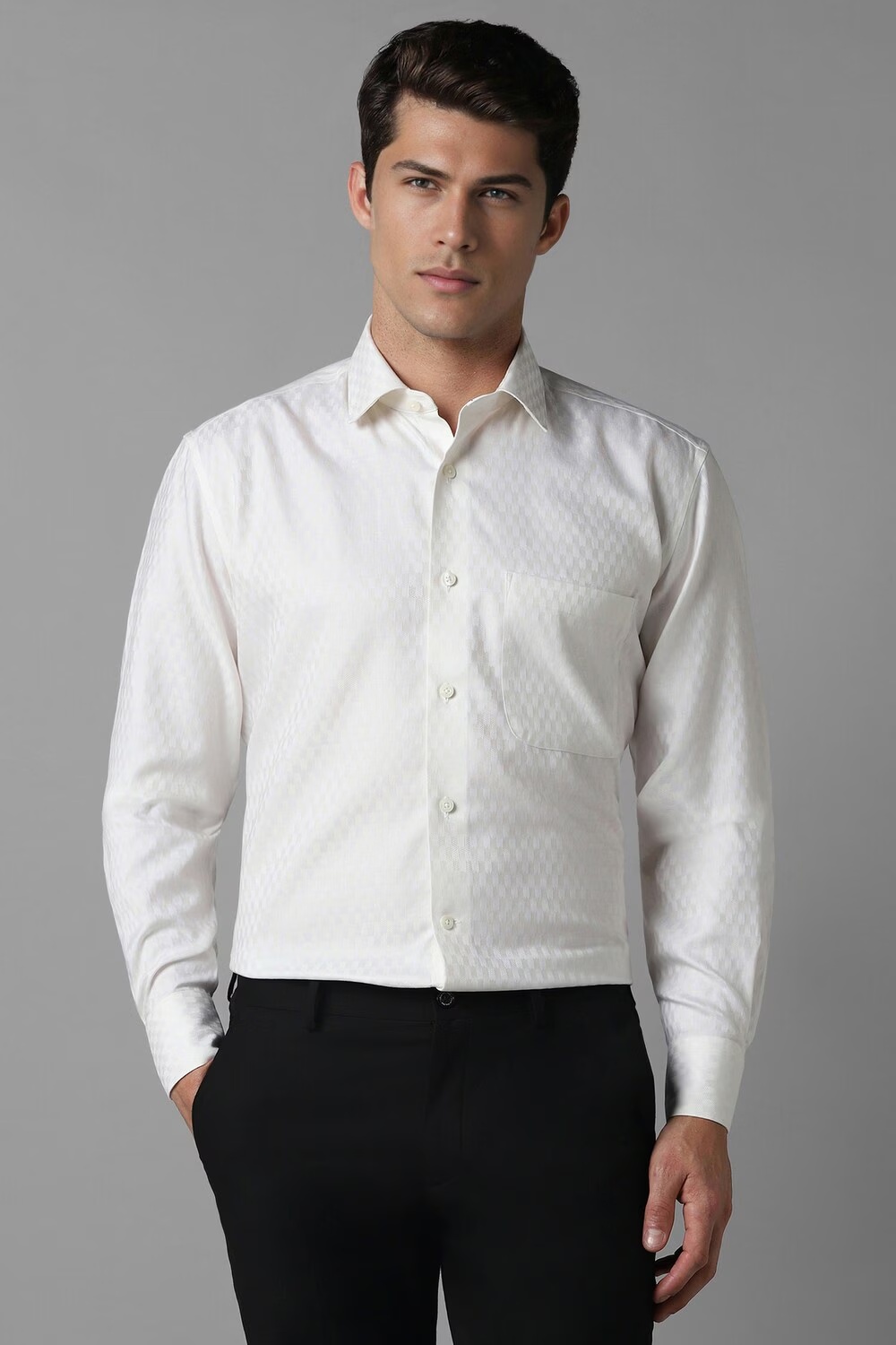 Men White Classic Fit Textured Full Sleeves Formal Shirt-White