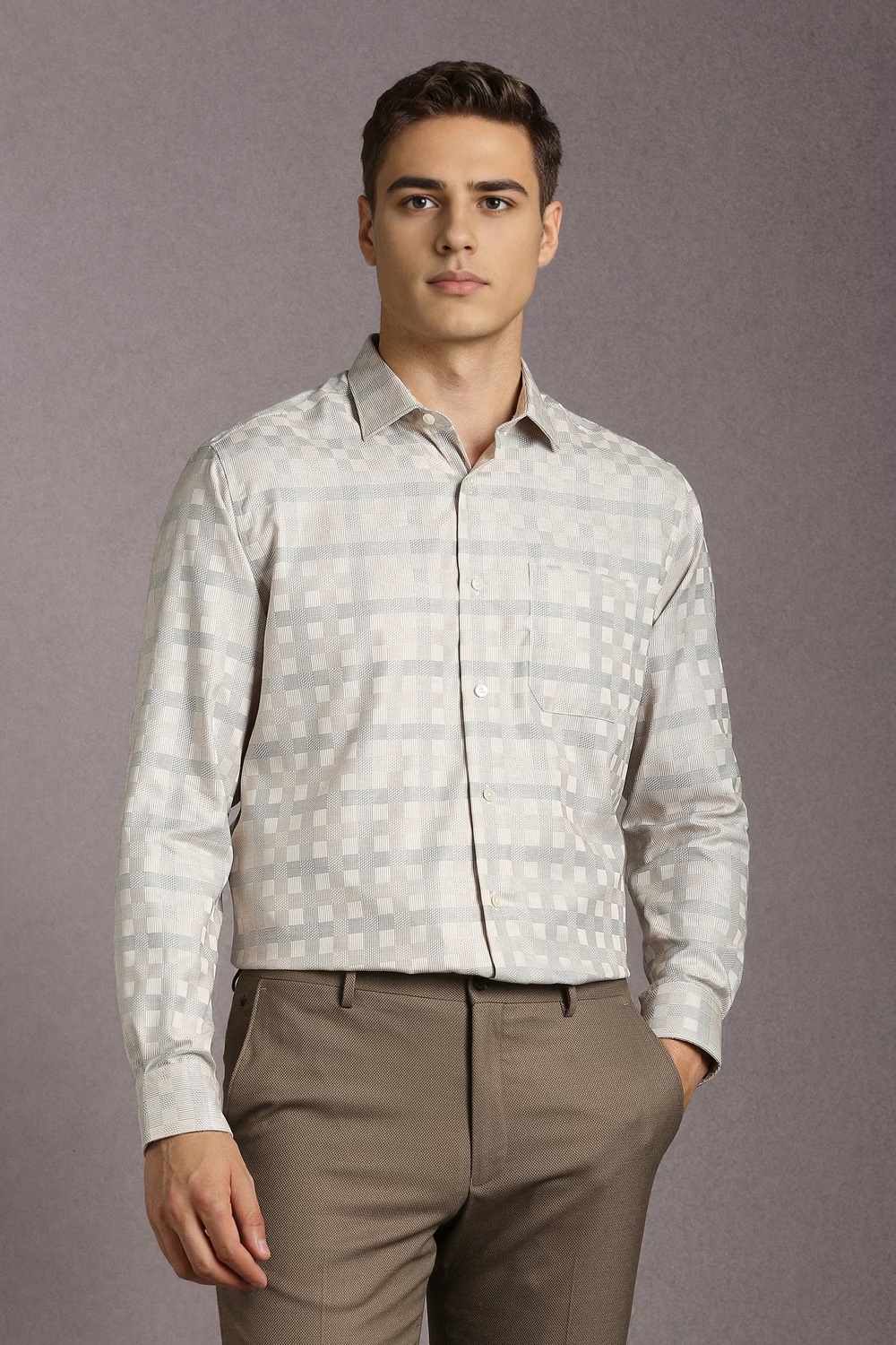 Men Beige Check Full Sleeves Formal Shirt-Beige