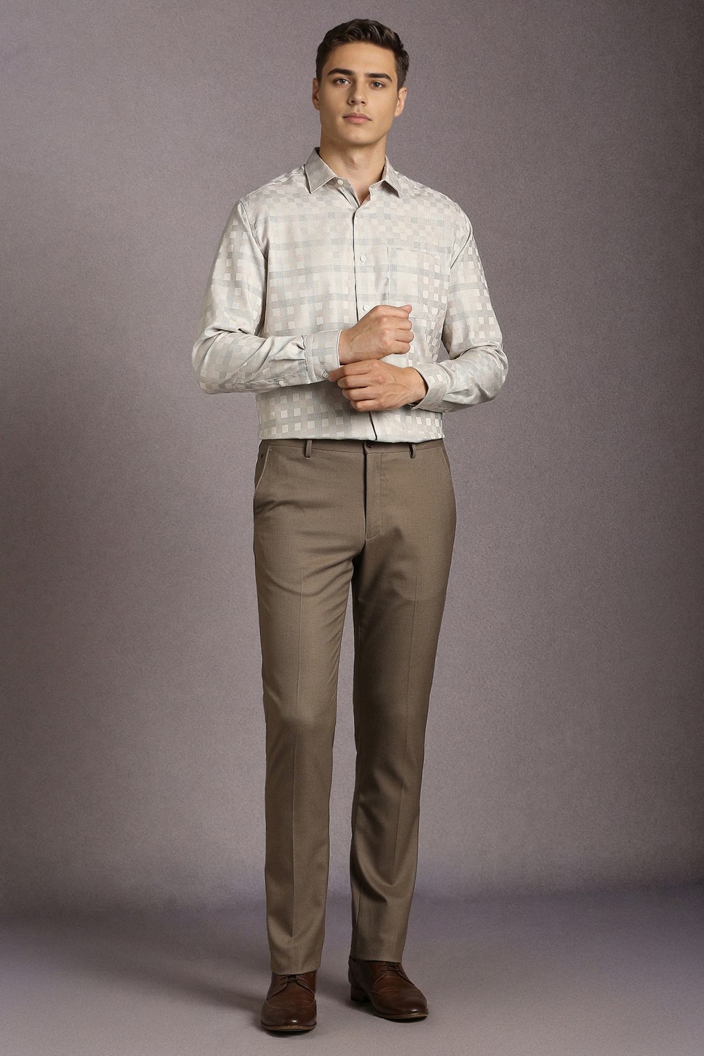 Men Beige Check Full Sleeves Formal Shirt-Beige